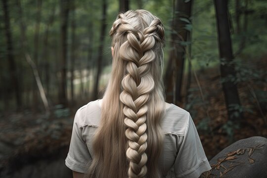 pretty beautiful braiding hairstyle, blond hair bridal bohemian hairstyle in nature landscape, Generative Ai