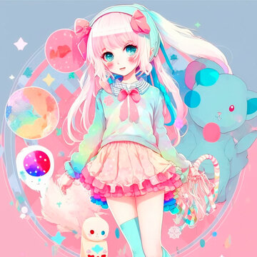 Cartoon illustration of a girl anime style kawaii uniform hoodie pets and candy pastel color ai generative