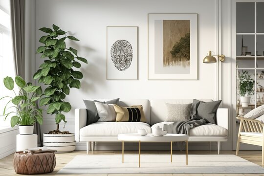 Contemporary interior design for interior mock up in living room. Scandinavian home decor. Stock photo stock photo Living Room, Home Interior, Indoors, Domestic Room, Modern. Generative Ai.