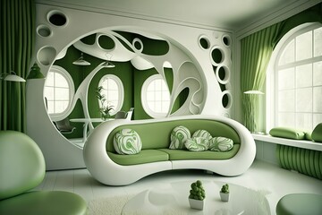 Green and White interior design. Generative Ai.
