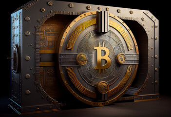 Safe Deposit. Symbol of cryptocurrency safety. Small Residential Vault with physical bitcoin. Toned soft focus picture. Copy space