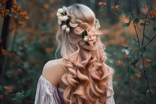 pretty beautiful braiding hairstyle, blond hair bridal bohemian hairstyle in nature landscape, Generative Ai