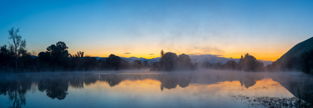 Fog Drifts Across Hart Park Lake in Bakersfield