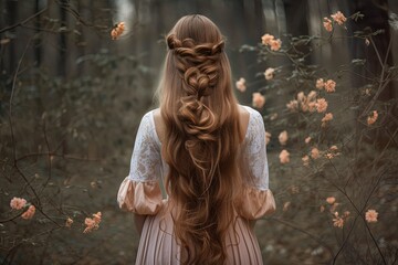 pretty beautiful braiding hairstyle, brown hair bridal bohemian hairstyle in nature landscape, Generative Ai