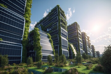Obraz na płótnie Canvas A city of the future with solar panels on the facade with natural plants, green energy and eco-technology in the field, generative AI