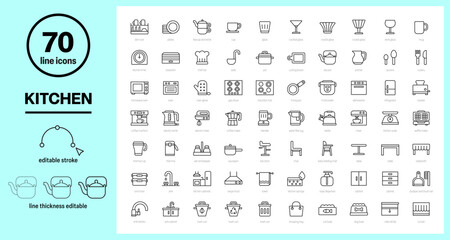 kitchen icons set, cooking, cookware icons, kitchen furniture outline symbols, kitchen equipment, kitchen utensils symbols, editable stroke line, gas stove, induction hob, oven, mixer, kettle and more