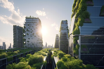 A city of the future with solar panels on the facade with natural plants, green energy and eco-technology in the field, generative AI - obrazy, fototapety, plakaty