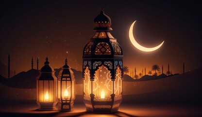 Obraz premium arabia sahara lantern and moon setup for greeting ramadan or eid mubarak cards, Generate Ai