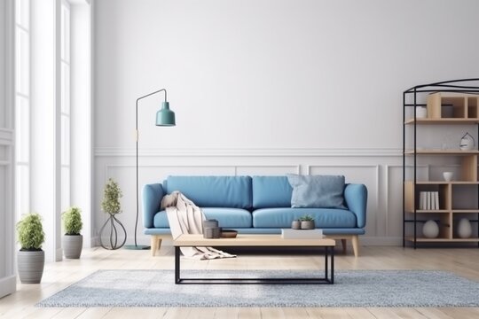 interior background trendy copy space cushion lounge sofa cosy design light carpet comfortable stylish. Generative AI.