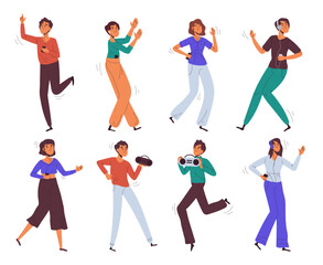 Fototapeta na wymiar Dancing people. Men and women moving to music, dancers characters dancing and enjoying music party flat vector illustration set