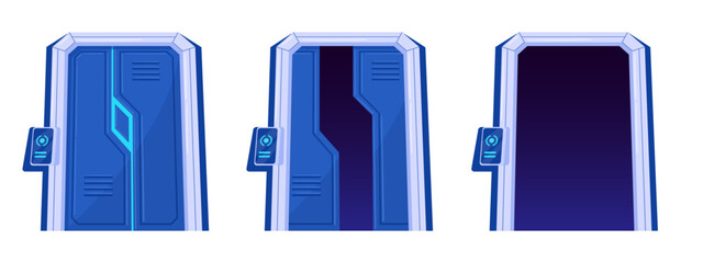 Spacecraft gateway. Cartoon closed and open spaceship gates, futuristic ship doors, control room door flat vector illustration set