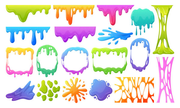 Cartoon slime mucus splashes. Jelly dripping spots, borders and frames, goo sticky liquid slime splatters flat vector illustration set. Messy mucus blobs