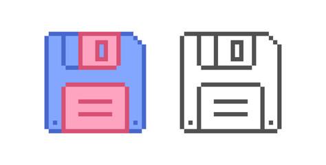 Retro 3.5-inch floppy disk icon. Vector illustration in pixel style