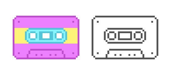 Retro audio cassette pixel icon. Vector illustration in pixel style