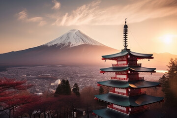 Fototapeta premium Winter japan landscape with fuji mountain and a temple at sunset, generative AI