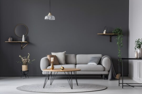 interior background floor carpet cushion loft style furniture lounge scandinavian living concrete wall. Generative AI.