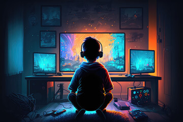 The child is sitting in front of a computer screen. The boy is playing in computer in his room, a view from the back. Creative concept of kids computer addiction. Generative AI art.