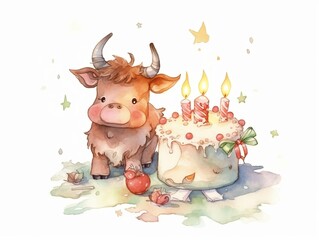 baby calf playing with birthday cake - watercolor illustration on transparent background, ideal for pet lovers, pet-themed designs, and birthday celebration projects. generative ai
