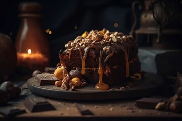 Closeup of Chocolate Cake on Table with Blurred Background