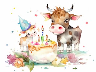 baby cows playing with birthday cake - watercolor illustration on transparent background, ideal for pet lovers, pet-themed designs, and birthday celebration projects. generative ai