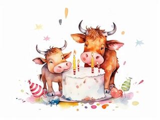 baby cows playing with birthday cake - watercolor illustration on transparent background, ideal for pet lovers, pet-themed designs, and birthday celebration projects. generative ai