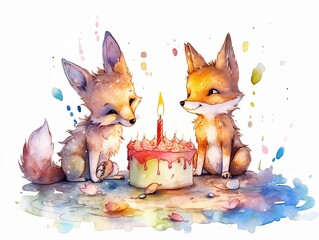 baby coyote playing with birthday cake - watercolor illustration on transparent background, ideal for pet lovers, pet-themed designs, and birthday celebration projects. generative ai