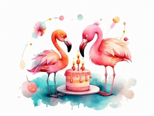 baby flamingos playing with birthday cake - watercolor illustration on transparent background, ideal for pet lovers, pet-themed designs, and birthday celebration projects. generative ai