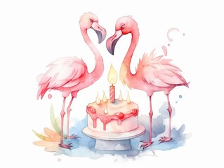 baby flamingos playing with birthday cake - watercolor illustration on transparent background, ideal for pet lovers, pet-themed designs, and birthday celebration projects. generative ai