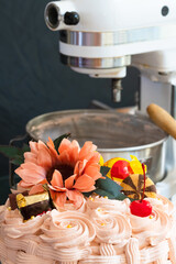 Basket-shaped cake with sweets, cookies and flowers,Easter marks the end of Holy Week