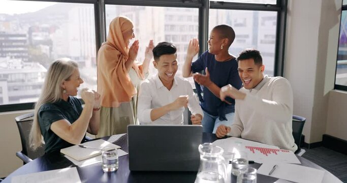 Diversity, team and high five for collaboration, marketing campaign success or online schedule in modern office. Teamwork, multiracial and hand gesture for achievement, happiness, business or talking