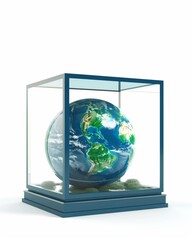 earth in display case transparent on white background