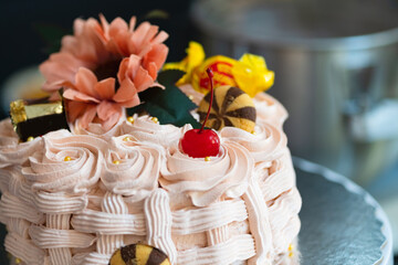 Basket-shaped cake with sweets, cookies and flowers,Easter marks the end of Holy Week