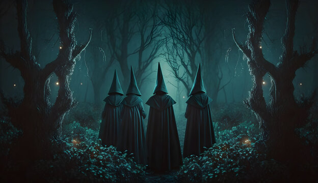 spooky scene of three witchers in the forest,dark vibe-AI Generative 
