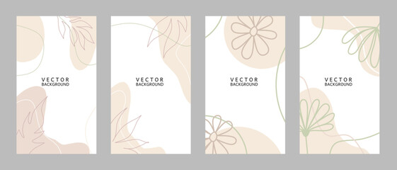 Abstract trendy backgrounds with minimal flower elements in line art style. Editable vector templates in neutral colors for social media post, banner, advertisement, card, cover, poster, mobile apps