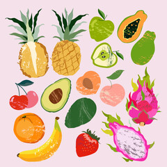A set of berries and fruits. Vector illustration. papaya, strawberry, apple, pineapple, apricot, cherry, etc.