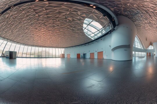 Full spherical hdri panorama 360 degrees of empty exhibition space. backdrop for exhibitions and events. Tile floor. Marketing mock up. 3D render illustration. Generative AI
