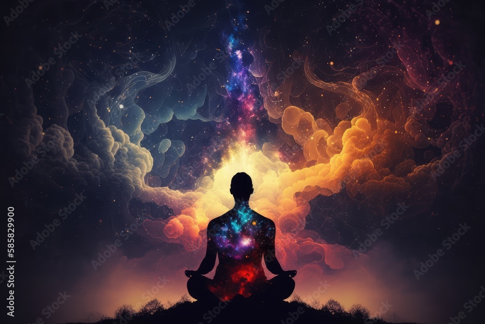 Poster person, meditating on spiritual connection with the mind of god, created with generative ai