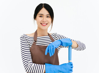 Happy asian woman in blue gloves smiling while posing with mop. portrait looking at camera . isolated on white background.