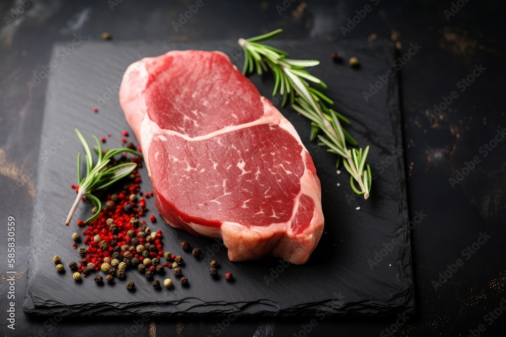 Wall mural Raw pork fillet seasoned with pepper and garnished with fresh rosemary on a wooden cutting board