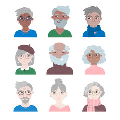 Elderly people portrait set. Avatar collection of casual aged men and women.Adult vector cartoon illustrations isolated on white background. Icon bundle for representing person in social network.