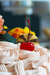 Basket-shaped cake with sweets, cookies and flowers,Easter marks the end of Holy Week
