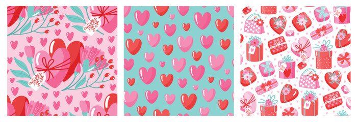 Set of hand-drawn seamless pattern with flowers and hearts. Creative stylish background for Valentine Day. Colorful floral illustration for paper and gift wrap. Fabric print modern design.