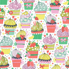 Seamless pattern with colorful cupcakes for textile design. Food decorative background in bright colors. Hand-drawn trendy vector illustration with berries, sweets and flowers.