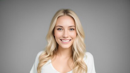 Happy confident young woan with natural skin, healthy hair and white teeth. Grey background with copy space. Generative AI