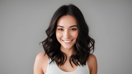 Happy confident young woman with natural skin, healthy hair and white teeth. Grey background with copy space. Generative AI