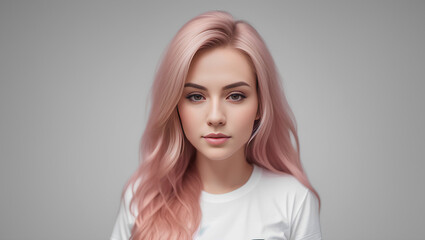 Portrait of young beautiful woman with pink hairstyle and white top. Cleavage. Model studio shot. Copy space. Generative AI
