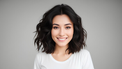 Fototapeta premium Portrait of young beautiful woman with darkhairstyle and white top. Cleavage. Model studio shot. Copy space. Generative AI