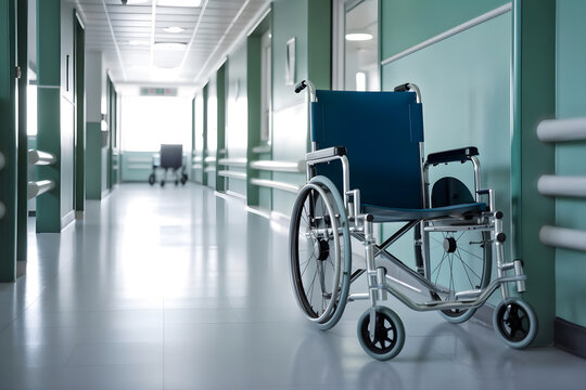 Wheelchair in a Hospital Corridor, Nobody, Healthcare Problems: AI Generated Image