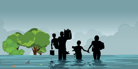 Rescue team helping people by pushing a boat through a flooded road,  vector illustration.