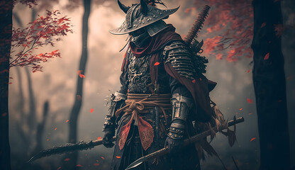  A lone samurai warrior meditates in a peaceful garden-AI Generative 